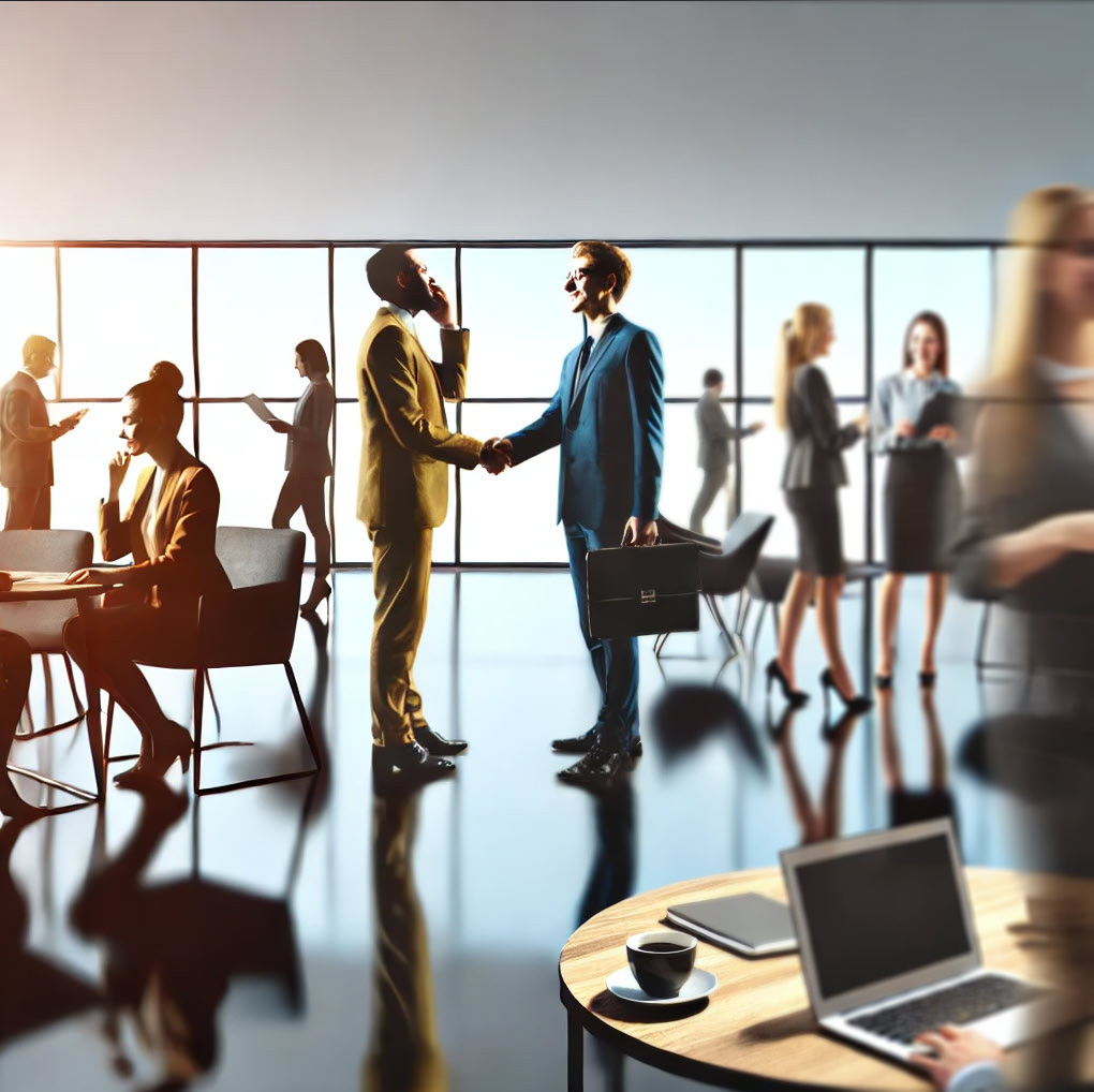 AI-generated image of a modern office with several people engaged in professional networking. Two individuals shake hands in the center, while others interact or work in the background. A table with a laptop and a coffee cup is visible in the foreground.