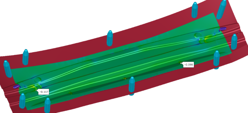 Digital sheet metal forming simulation of a side impact beam for validating the forming methodology. The simulation visualizes material flow, stress distribution, and critical areas for optimized component manufacturing.