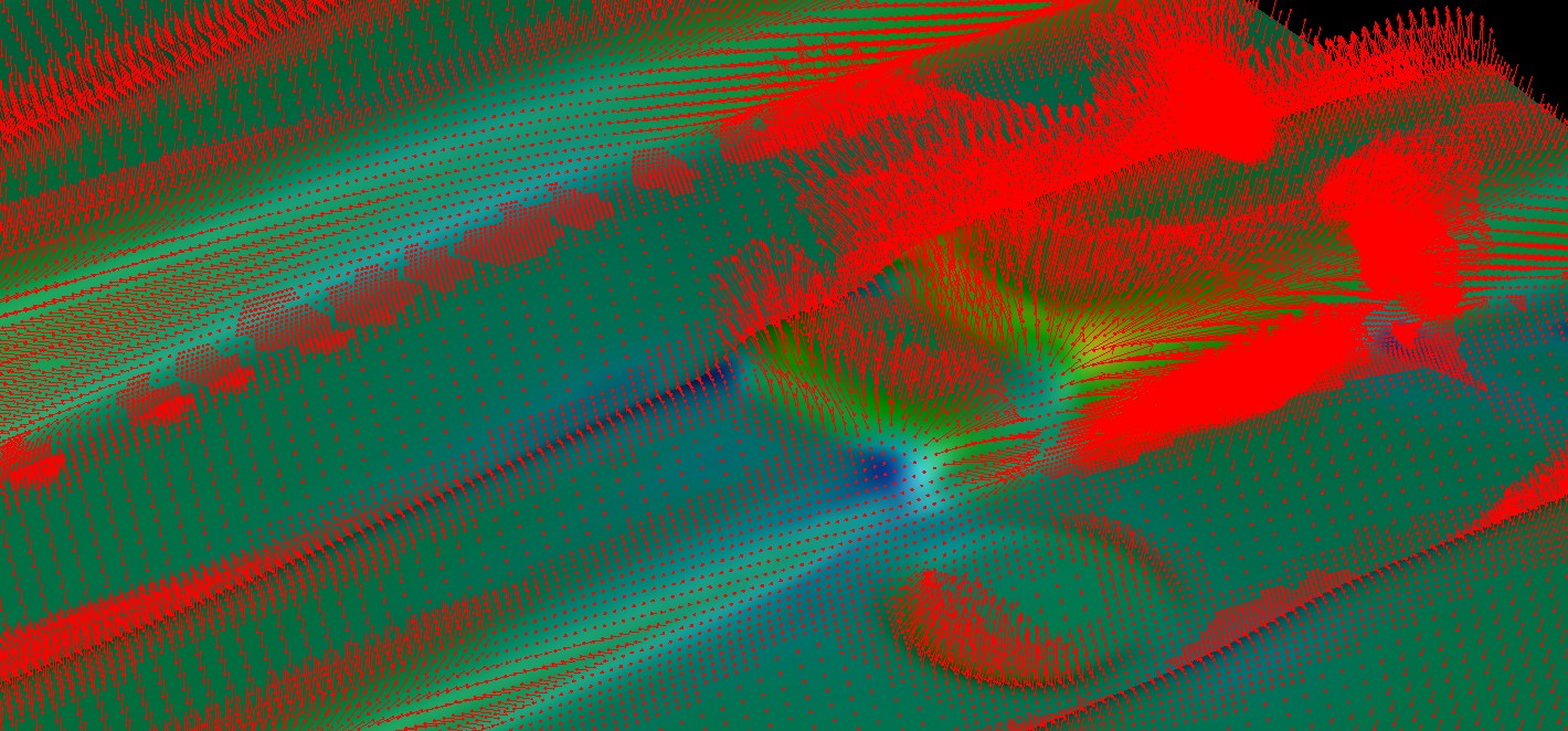 Color-coded Virtual Die Spotting simulation with vector fields illustrating heat distributions and cooling flows. The goal is to enhance cooling rates and increase dimensional stability in the forming process.